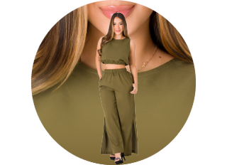 Trendy olive green two-piece set – Sleeveless crop top and wide-leg pants for a chic casual look.