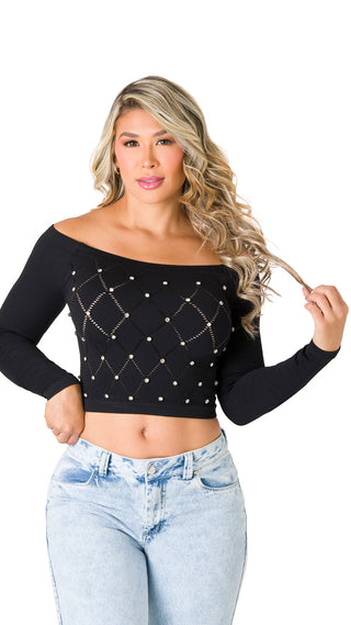 Blusa Estilo Suéter con Perlas 5B6667B - Negro