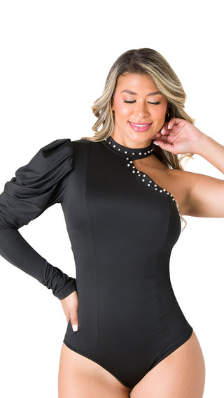 Body Manga Asimétrica con Detalles Brilllantes 2BB819 - Negro