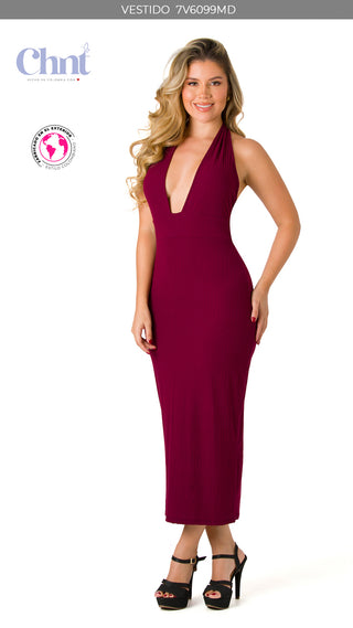 Vestido Midi Cuello Halter 7V6099MD - Vinotinto