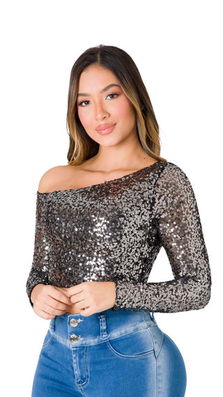 Blusa Lentejuelas One-Shoulder 5B6481B - Negro