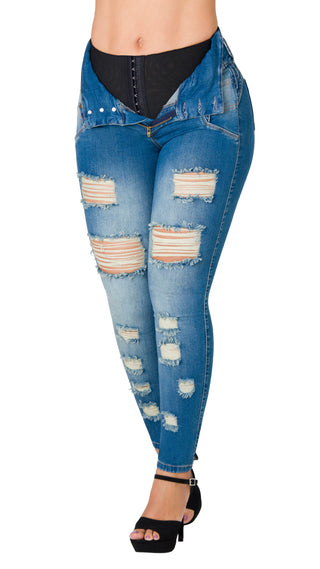 Jean Skinny Desgastado con Bordado en Pretina Ska 52633DPCP-B - Azul Medio