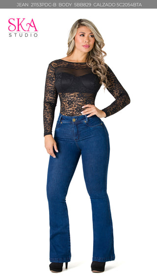 Body Manga Larga en Encaje 5BB829 - Negro