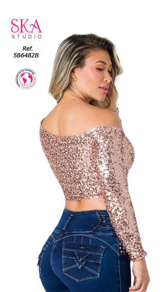 Blusa Lentejuelas One Shoulder 5B6482B - Rosado