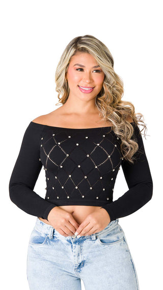 Blusa Estilo Suéter con Perlas 5B6667B - Negro