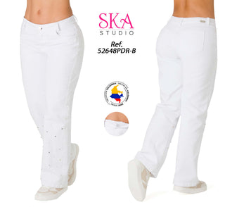 Jean Wide Leg con Perlas Ska 52648PDR-B - Blanco