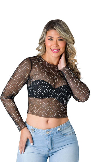 Blusa Mesh con Detalles Brillantes 5B6343B - Negro