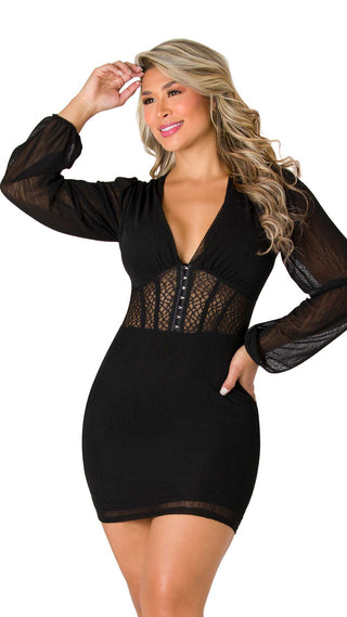 Vestido con Encaje y Mangas Transparentes 5V6650MN - Negro