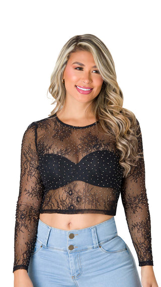 Blusa Mesh con Detalles en Flores 5B6421B - Negro