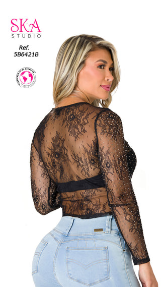 Blusa Mesh con Detalles en Flores 5B6421B - Negro