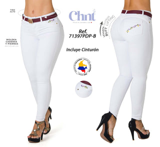 Jean Push-Up con Bordado y Cinturón Chnt 71397PDP-B - Blanco