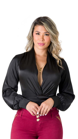 Blusa Satinada con Escote en Cruzado 5B6637B - Negro