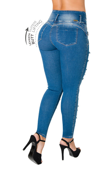 Jean Skinny Desgastado con Bordado en Pretina Ska 52633DPCP-B - Azul Medio