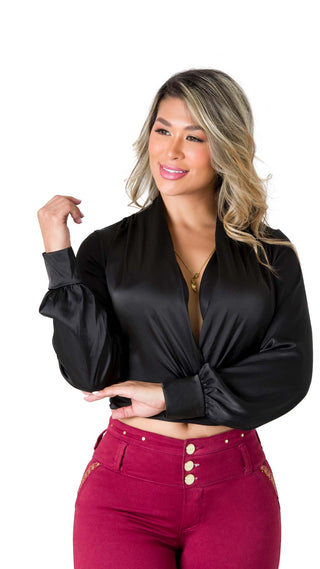 Blusa Satinada con Escote en Cruzado 5B6637B - Negro