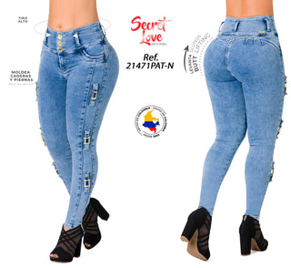 Jean LevantaCola con Detalles de Hebilla Secret Love 21471PAT-N - Azul Medio