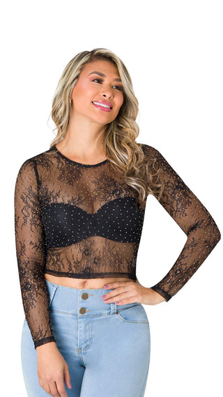 Blusa Mesh con Detalles en Flores 5B6421B - Negro