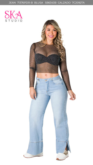 Blusa Mesh con Detalles Brillantes 5B6343B - Negro