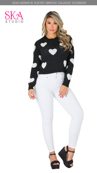 Suéter Corazones Blancos 5B6744S - Negro