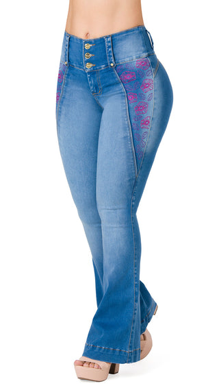 Jean Flare con Bordado Floral Area 7 40725PAC-N  - Azul Medio