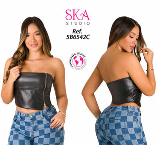 Blusa Strapless Cuerina 5B6542C - Negro