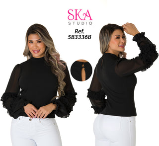 Blusa Manga Globo Con Volantes 5B3336B - Negro