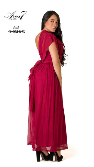 Vestido Largo Con Malla Sobrepuesta  4V4984MX - Vinotinto