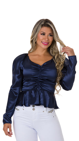 Blusa De Satin Con Fruncido 5B4172B - Azul Oscuro