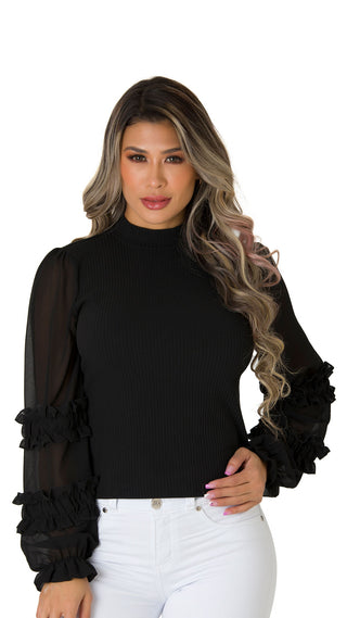 Blusa Manga Globo Con Volantes 5B3336B - Negro