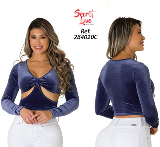 Blusa Corta De Terciopelo 2B4020C - Azul Oscuro