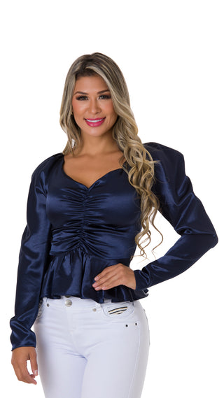 Blusa De Satin Con Fruncido 5B4172B - Azul Oscuro