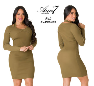 Vestido Midi Manga Larga con Tirantes En Cuello 4V4989MD - Verde Oliva